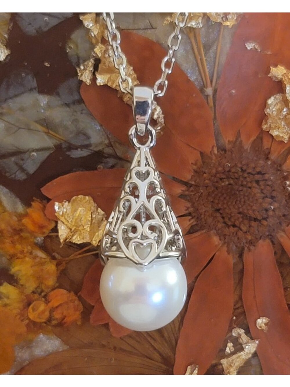 925 Sterling Silver 9-10mm Cultured Pearl Filigree Pendant Necklace NWT